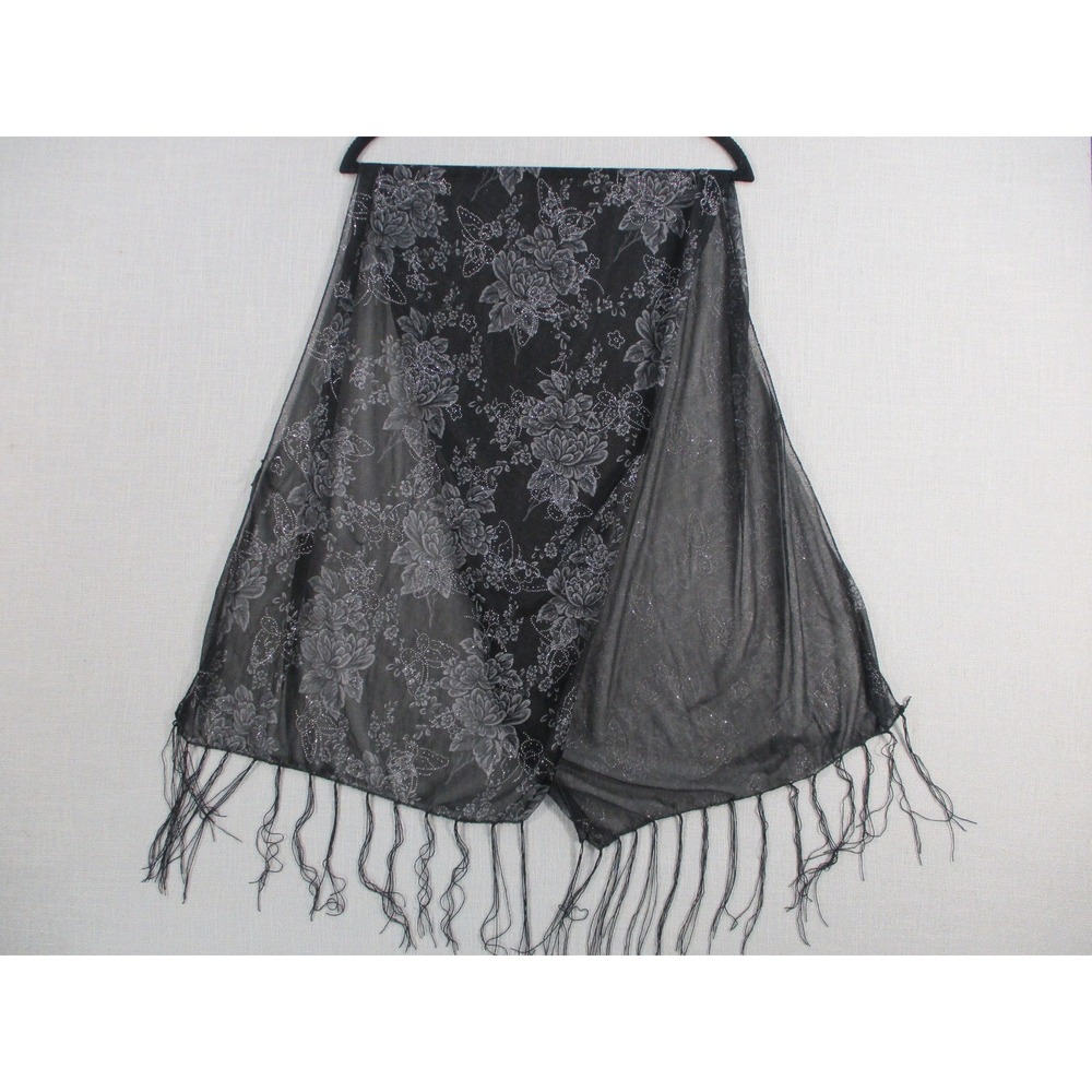 Black Floral Mesh Wrap Scarf Silver Glitter Sheer Goth with Fringe Trim 54x18.5